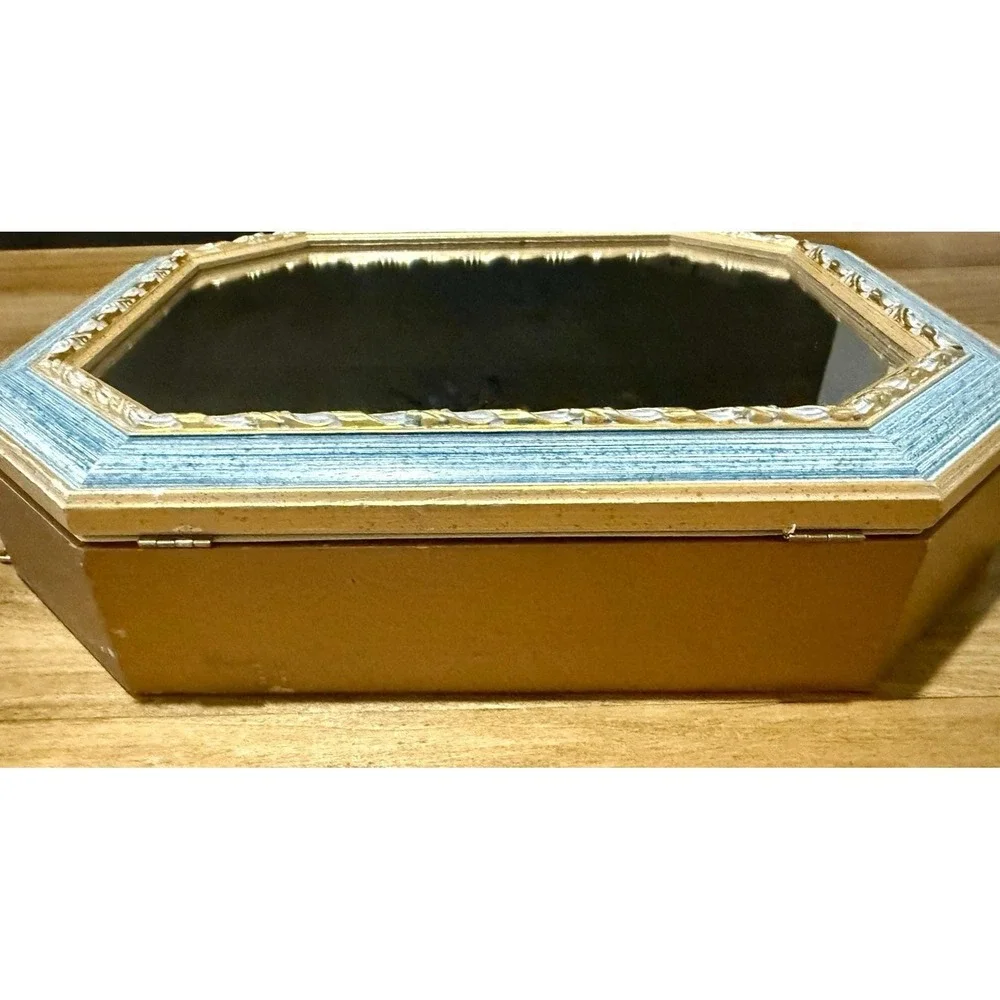 Vintage Italian Gold Mirror Jewelry Box Octagon Wall Cabinet Hidden Key Holder